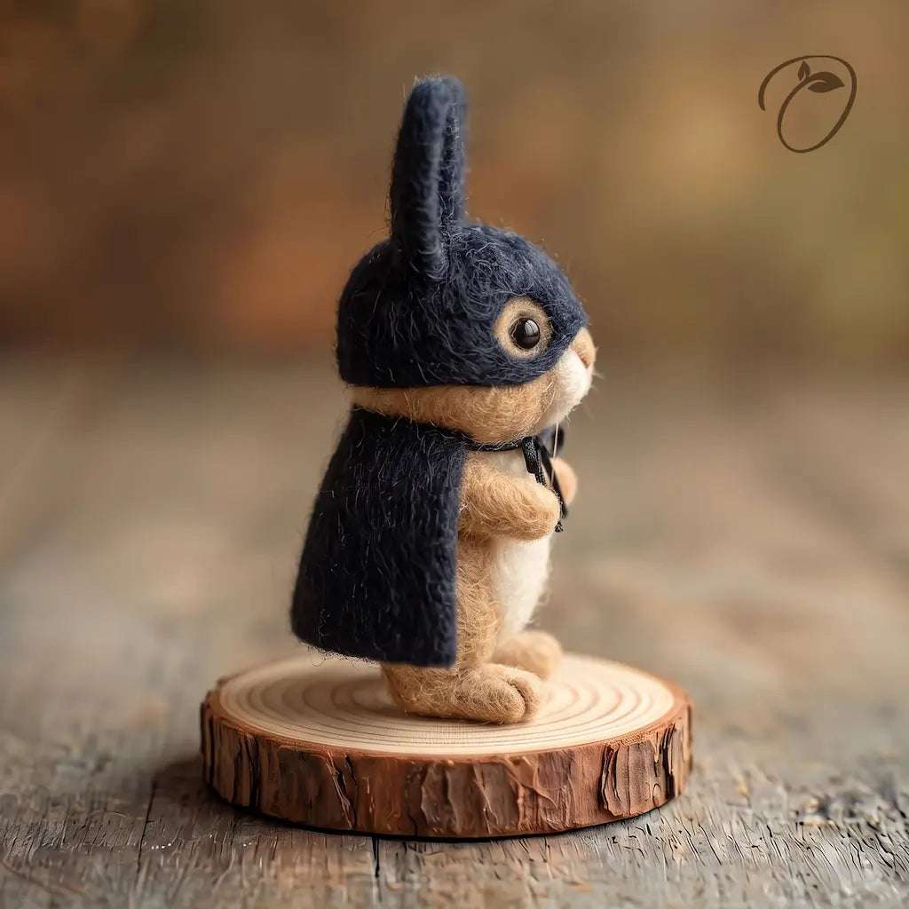 Side view of Masked Bunny wool felt figurine wearing a black mask and cape