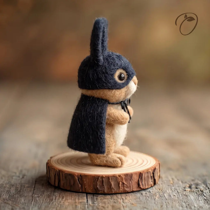 Side view of Masked Bunny wool felt figurine wearing a black mask and cape