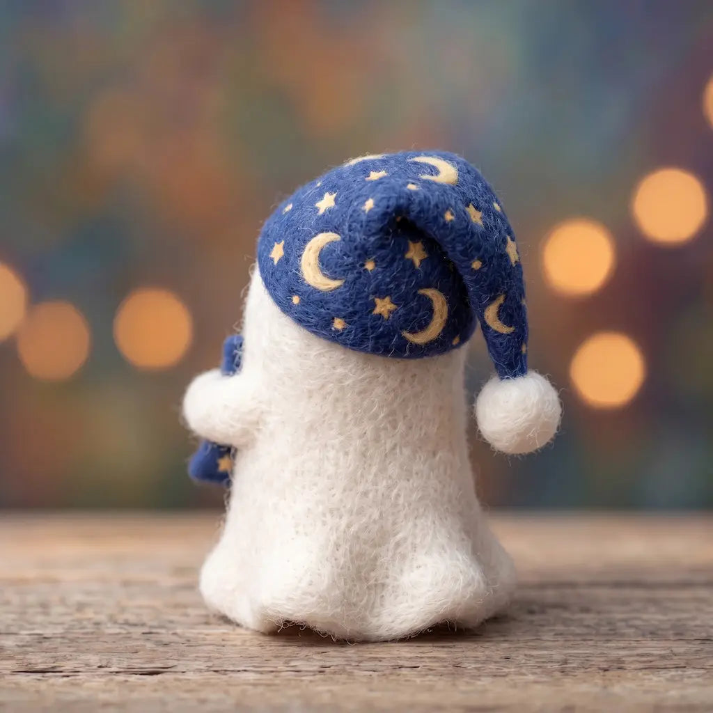 Back view of Moonlit Slumber Ghost felt figurine showing the navy moon-and-stars sleep cap