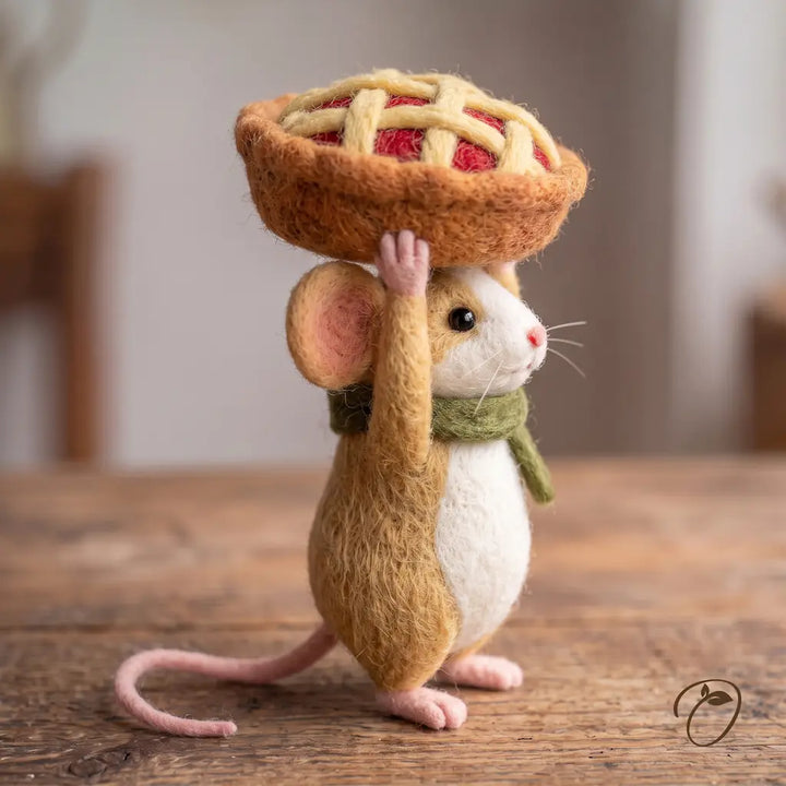 Side view of Apple Pie Parade Mouse felt figurine showing its raised paws, golden pie crust, green scarf, and curved pink tail.