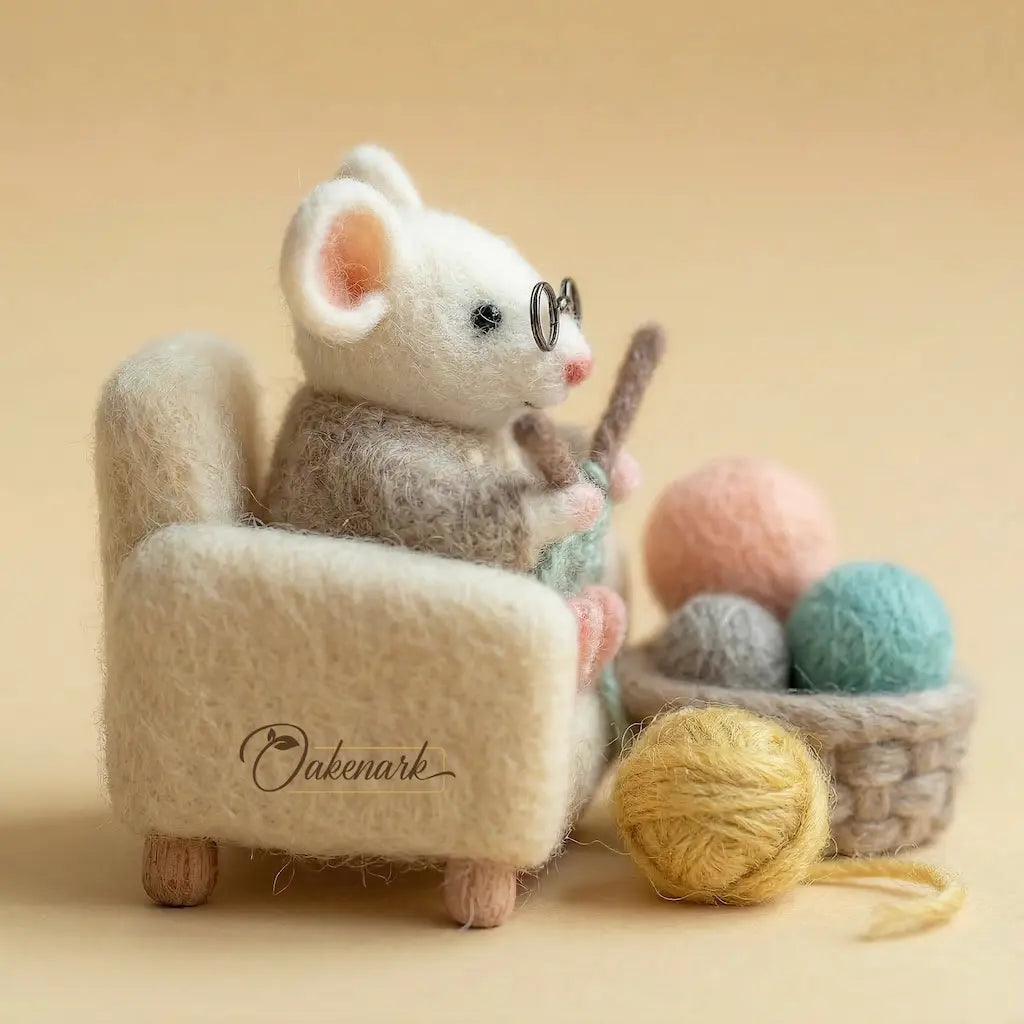 White mouse toy with glasses sitting on a chair next to yarn balls, on a beige background.