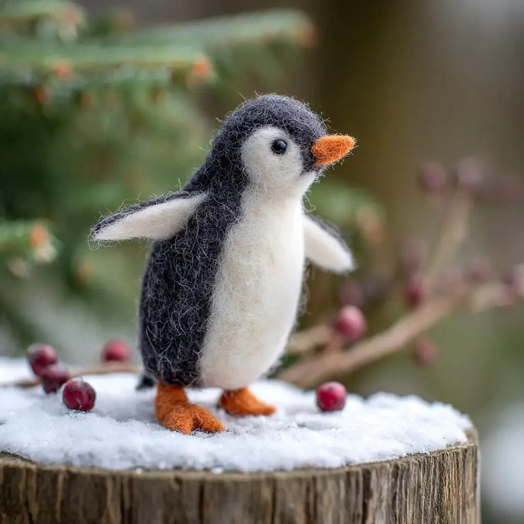 Felted penguin figurine on a snowy log with blurred greenery in the background