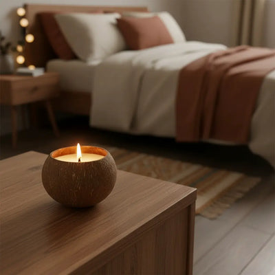 OakenArk Tropical Coconut Scented Candle in a natural, hand-poured coconut shell with a wooden wic