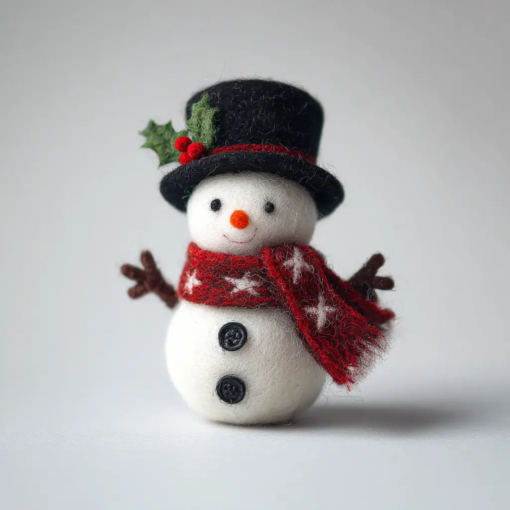 Small snowman figurine with a red scarf, black top hat with holly, and white background