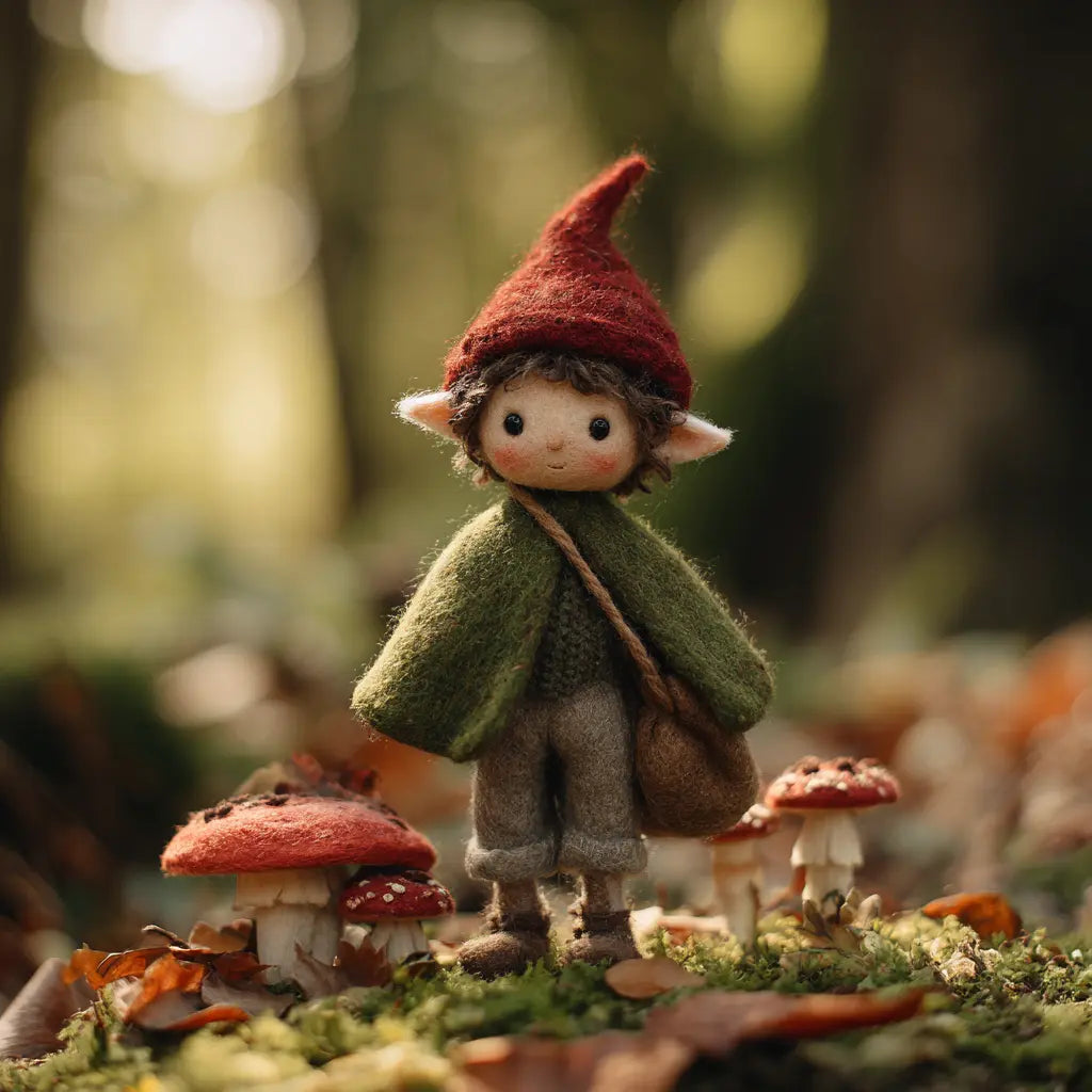 Small fairy-like figure with a red hat and green cloak standing among mushrooms in a forest setting.