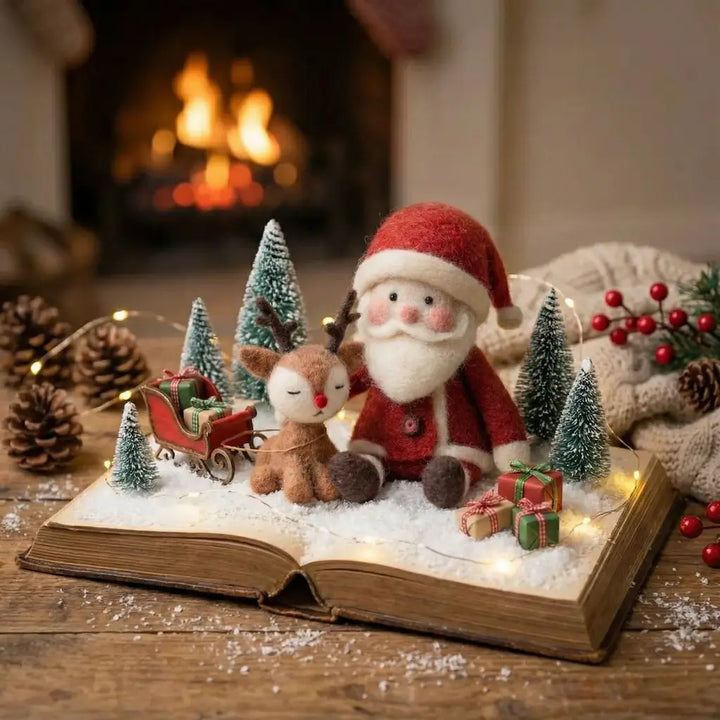 Santa and reindeer wool felt Christmas figurines displayed by a fireplace