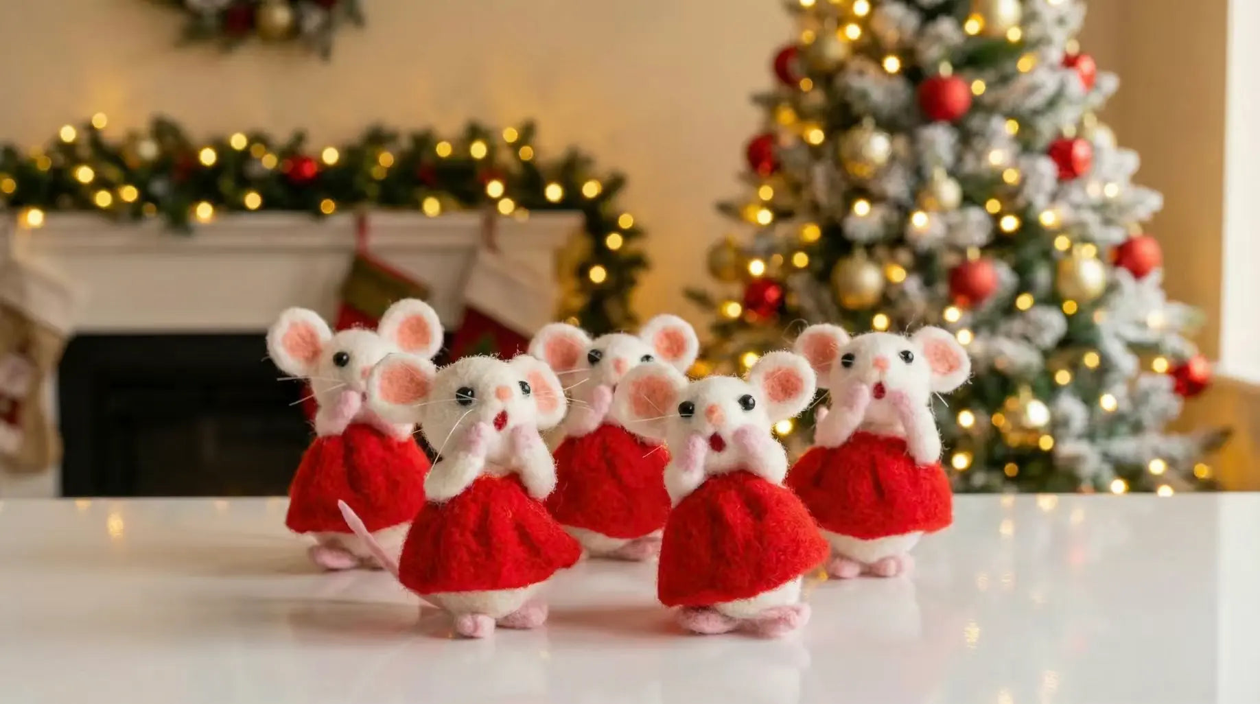 Small mouse figurines in red dresses on a table with a Christmas tree and fireplace in the background.