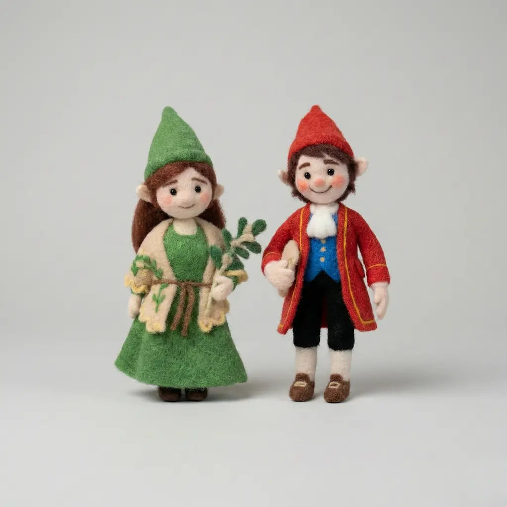 Two toy elves, one in green and one in red, standing side by side on a light gray background.