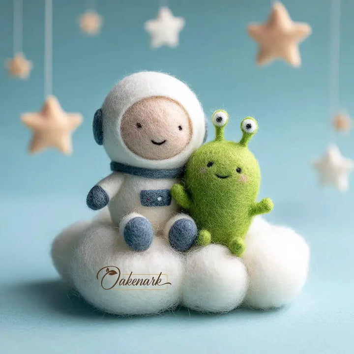 Toy astronaut and alien sitting on a cloud with hanging stars against a light blue background, featuring the brand &