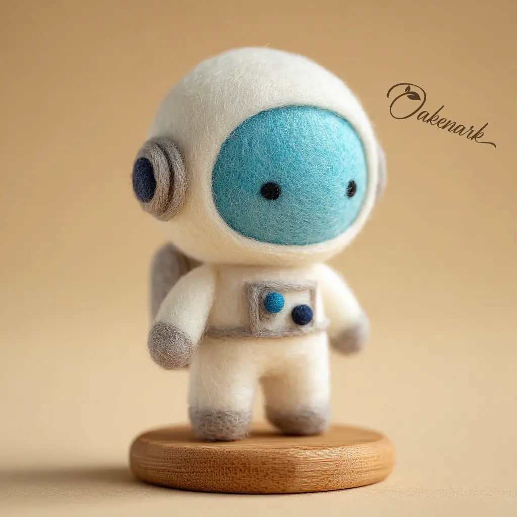 Toy figure of an astronaut with a blue face on a wooden stand against a beige background