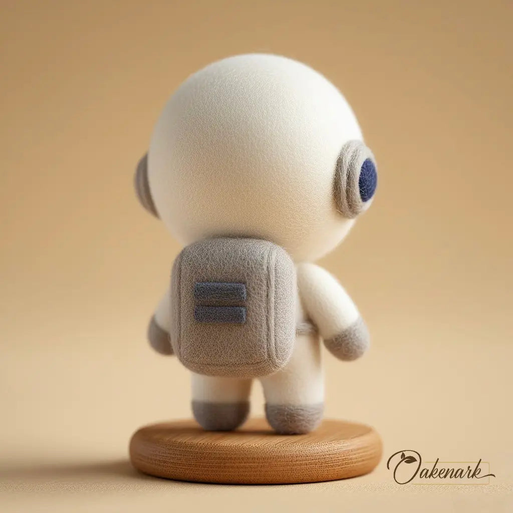 Small astronaut figurine on a wooden base with a beige background