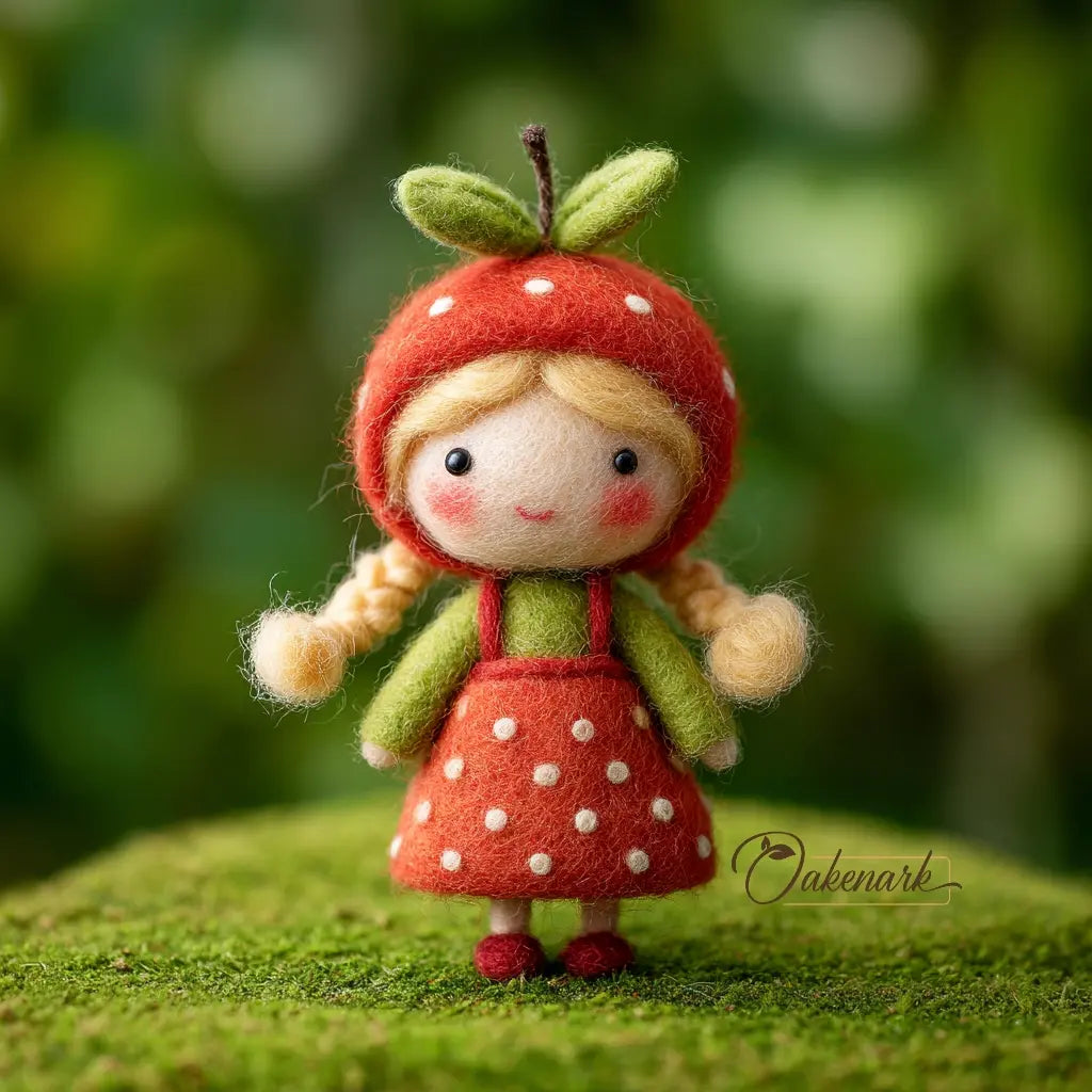 Felted doll with a red hood and dress on a green background