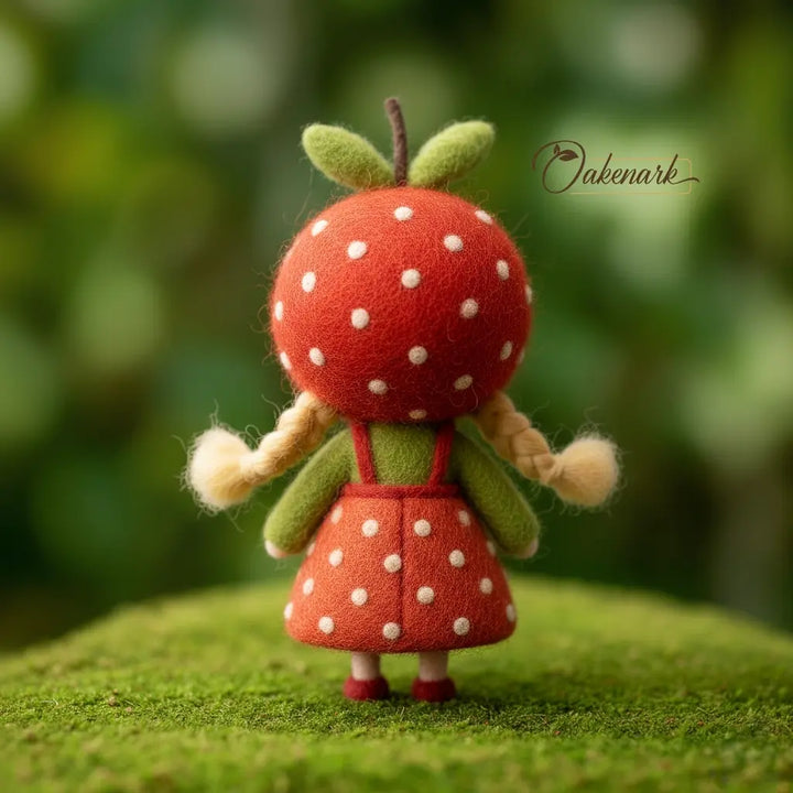 Felt strawberry character with a polka dot dress on a green background