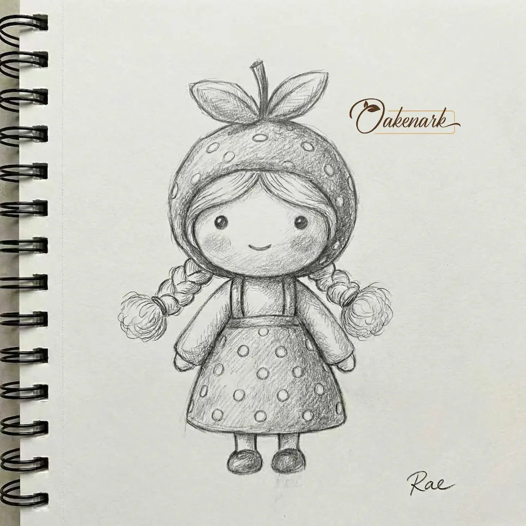 Illustration of a girl with a strawberry hat on a notebook page, featuring the brand &