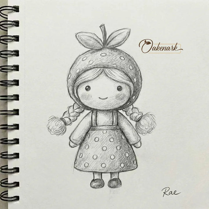 Illustration of a girl with a strawberry hat on a notebook page, featuring the brand &
