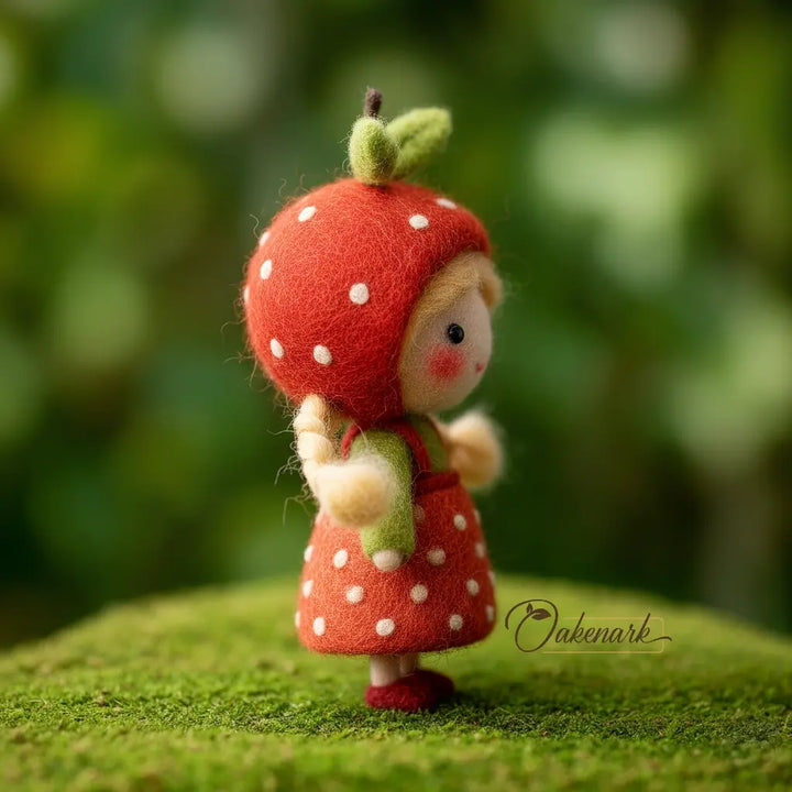 Felted figurine of a girl in a red polka dot dress and hat on a green background