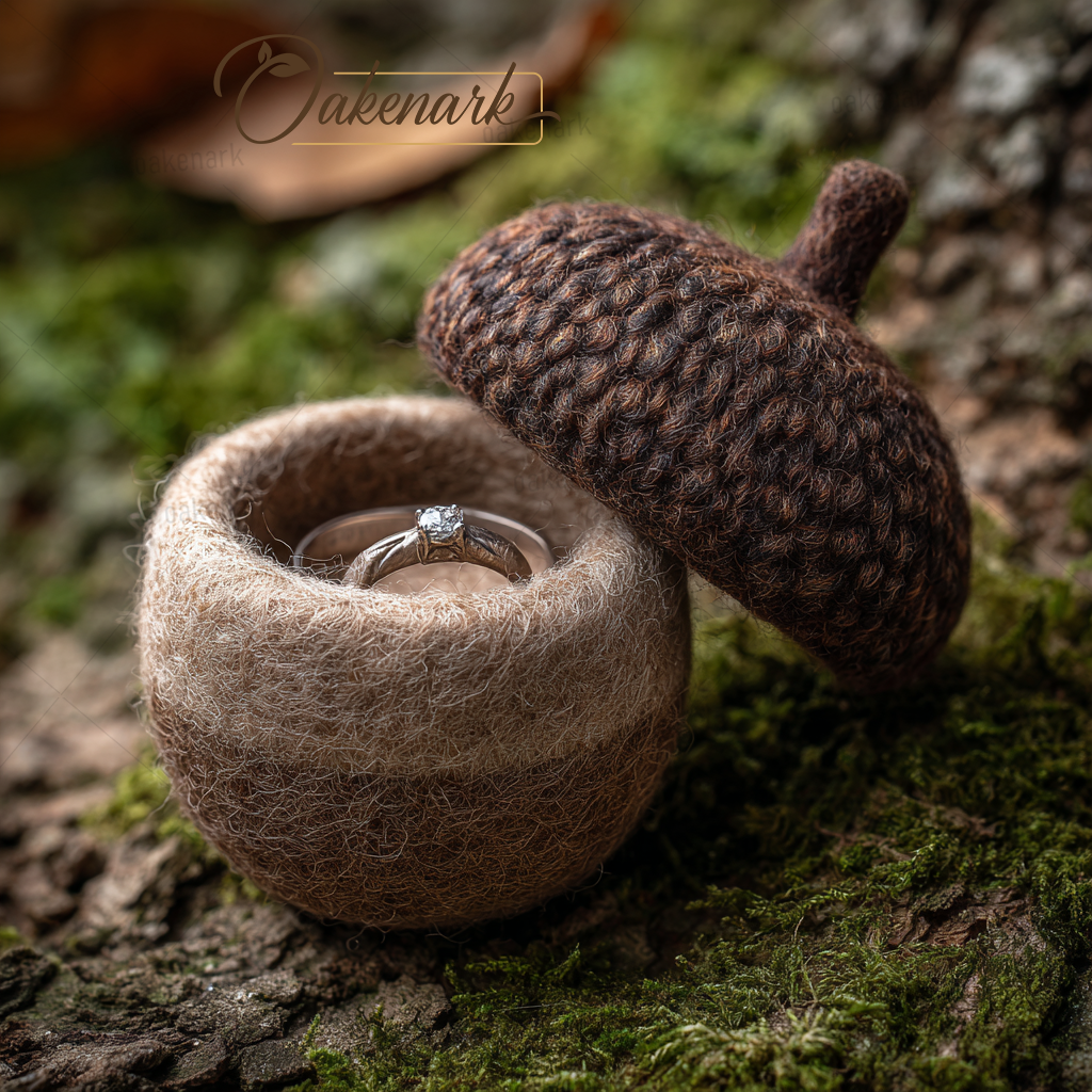 Ring in a felted bowl with an acorn on a natural background