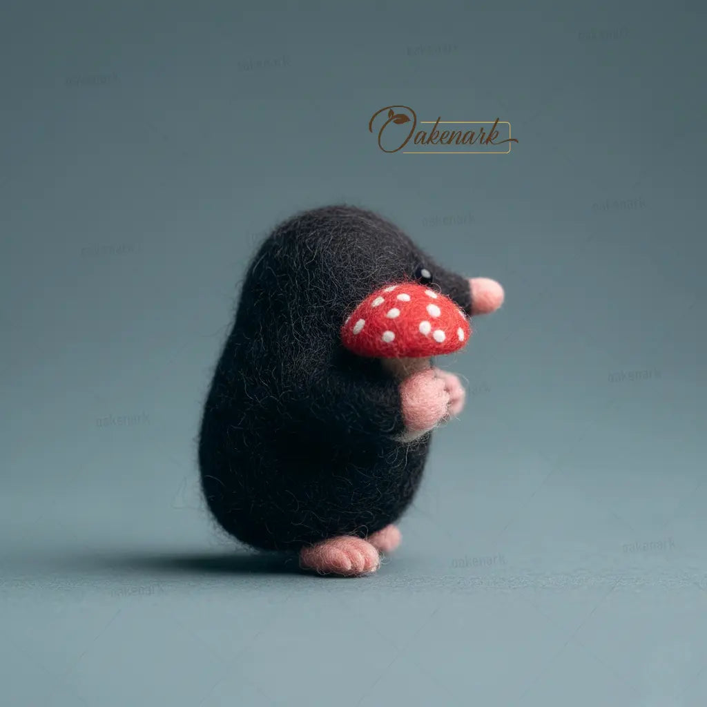 Small plush toy mole with a red mushroom on a gray background