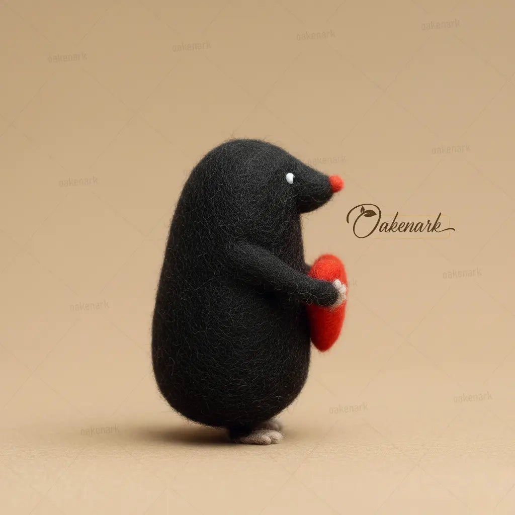 Black plush toy resembling a mole holding a red heart on a beige background, with &