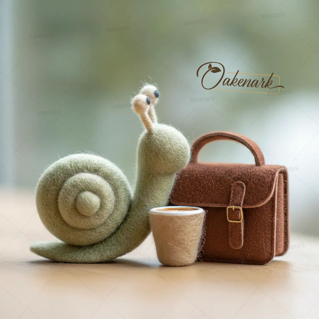 Felted snail, cup, and briefcase with 'Oakenark' branding on a blurred background