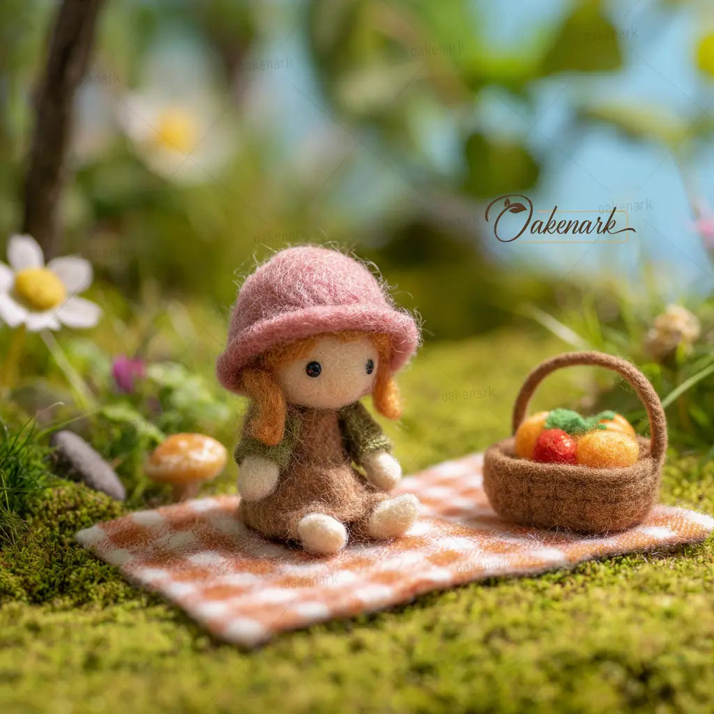 Small figurine of a girl with a pink hat sitting on a checkered blanket with a basket of fruit in a garden setting.
