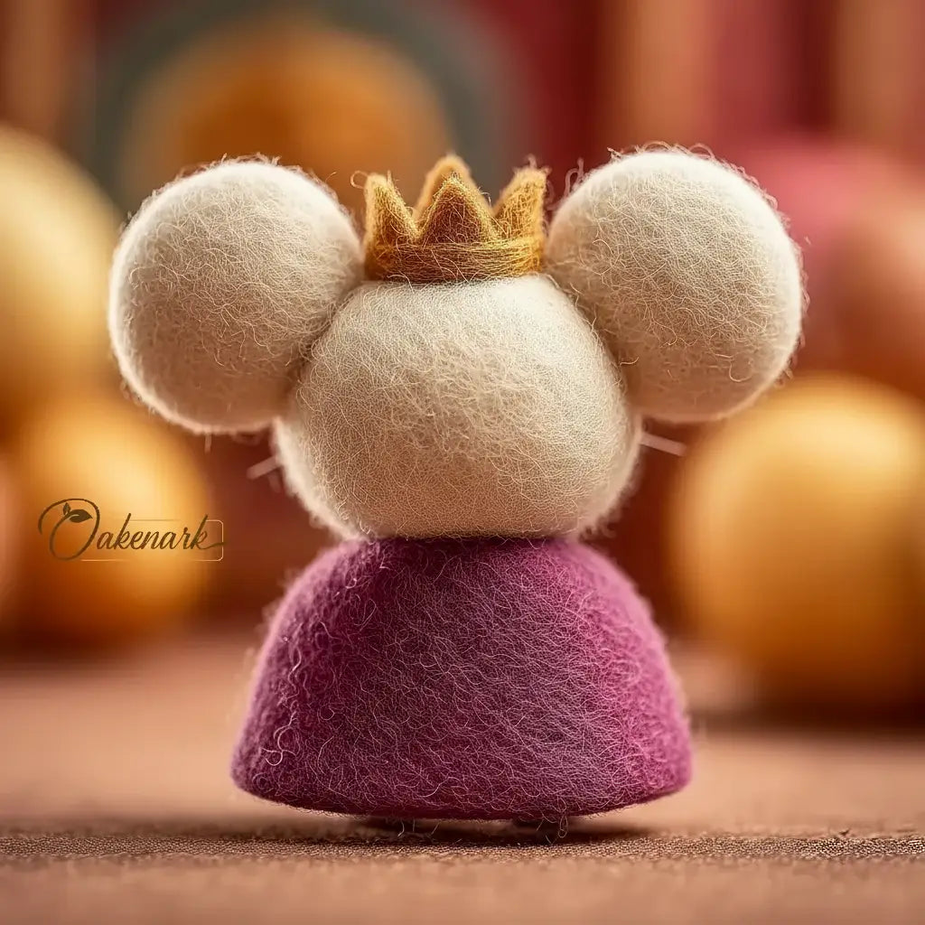 Felted decorative item resembling a character with a crown on a blurred background