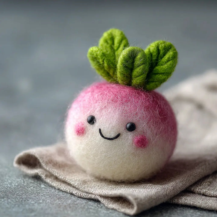 Toy radish with a face on a gray surface