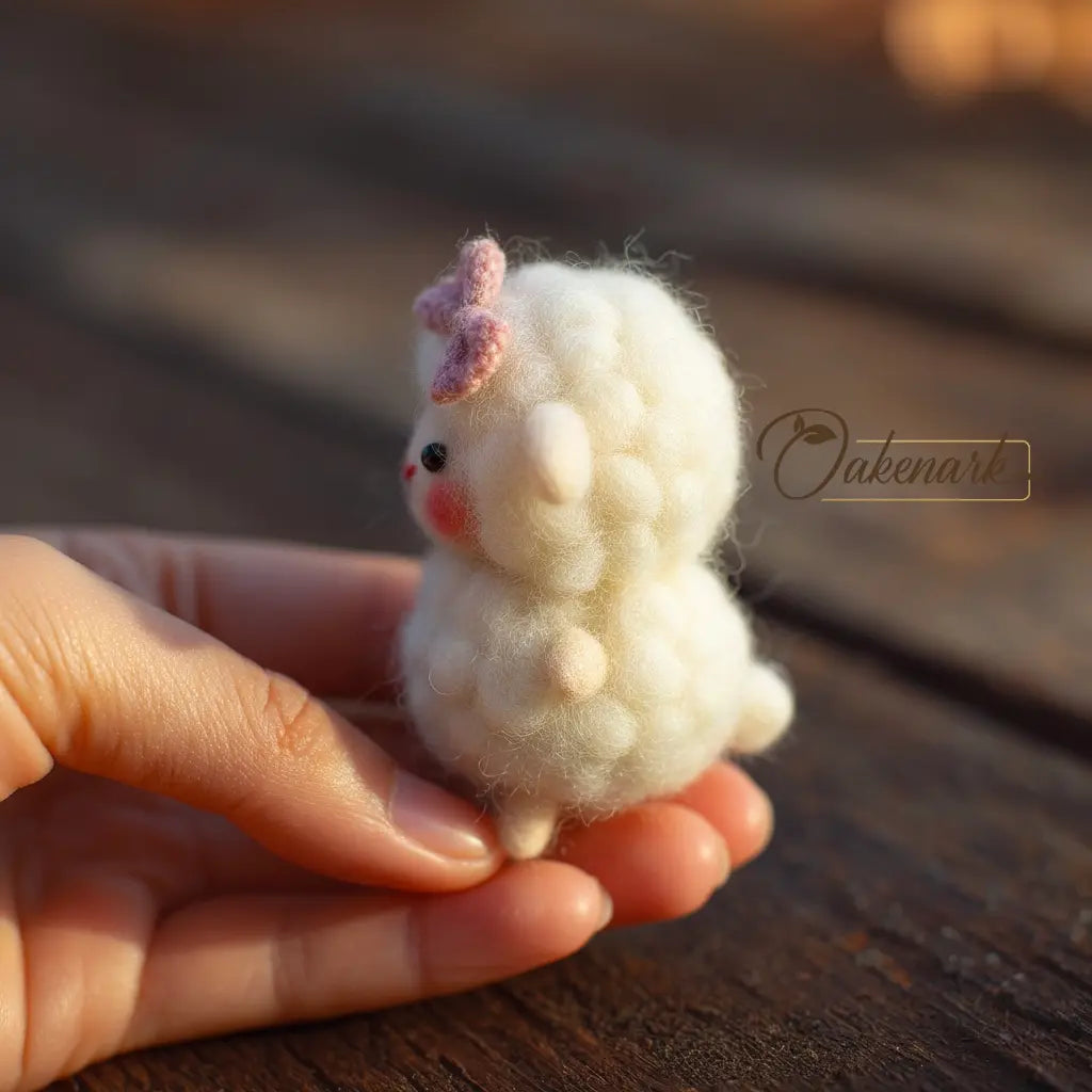 Small white fluffy creature held in a hand on a wooden surface with &