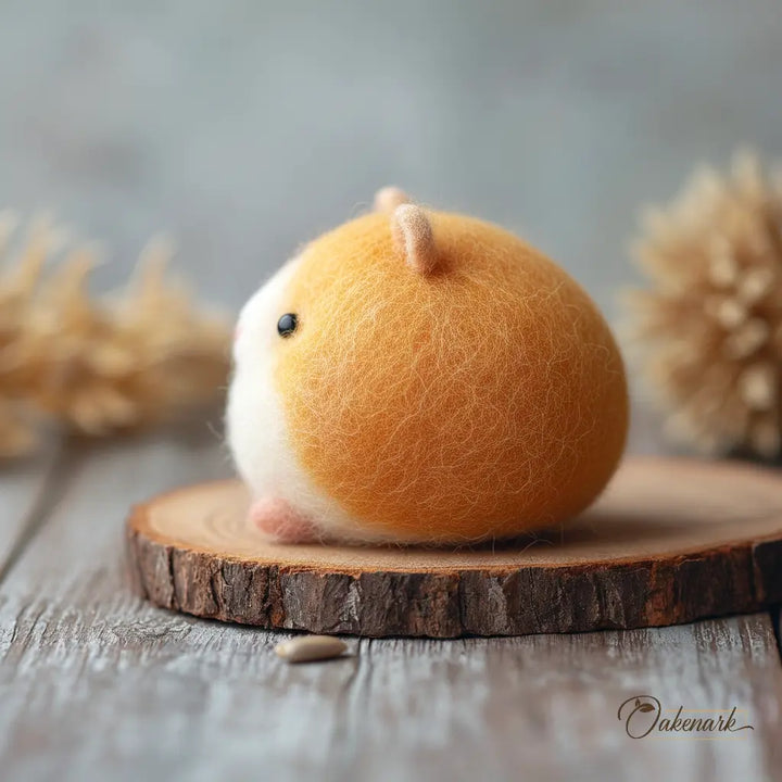 Felted hamster figurine on a wooden slice with a blurred background