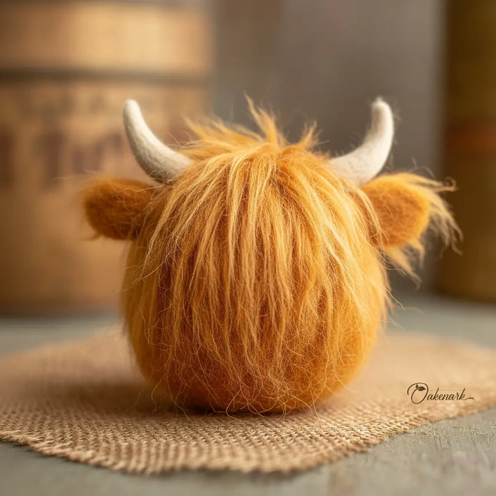 Felted toy resembling a Highland cow on a textured surface with a blurred background