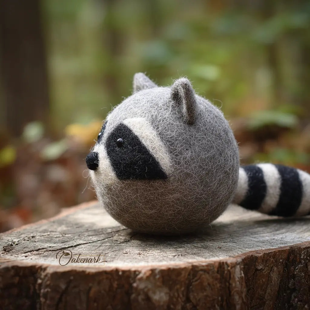 Felted raccoon toy on a wooden log with a blurred forest background