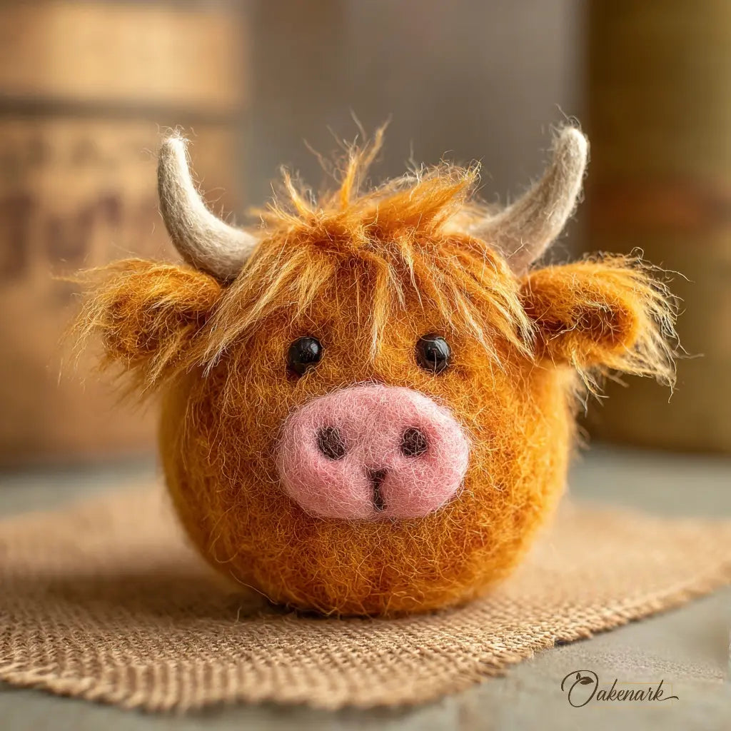 Felted toy Highland cow on a textured surface with a blurred background