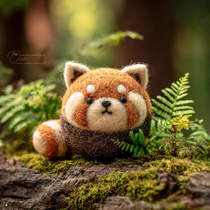 Stuffed red panda toy among green foliage