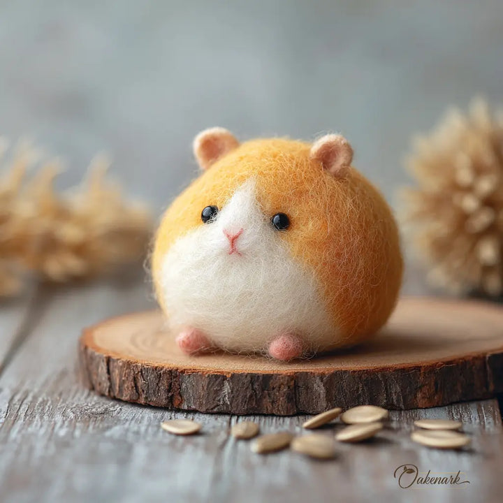 Felted hamster figurine on a wooden slice with dried plants in the background