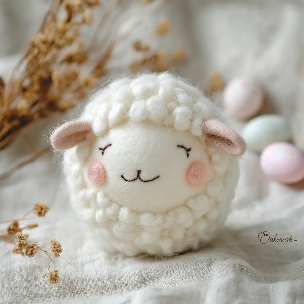 White fluffy toy sheep with pink accents on a soft fabric background