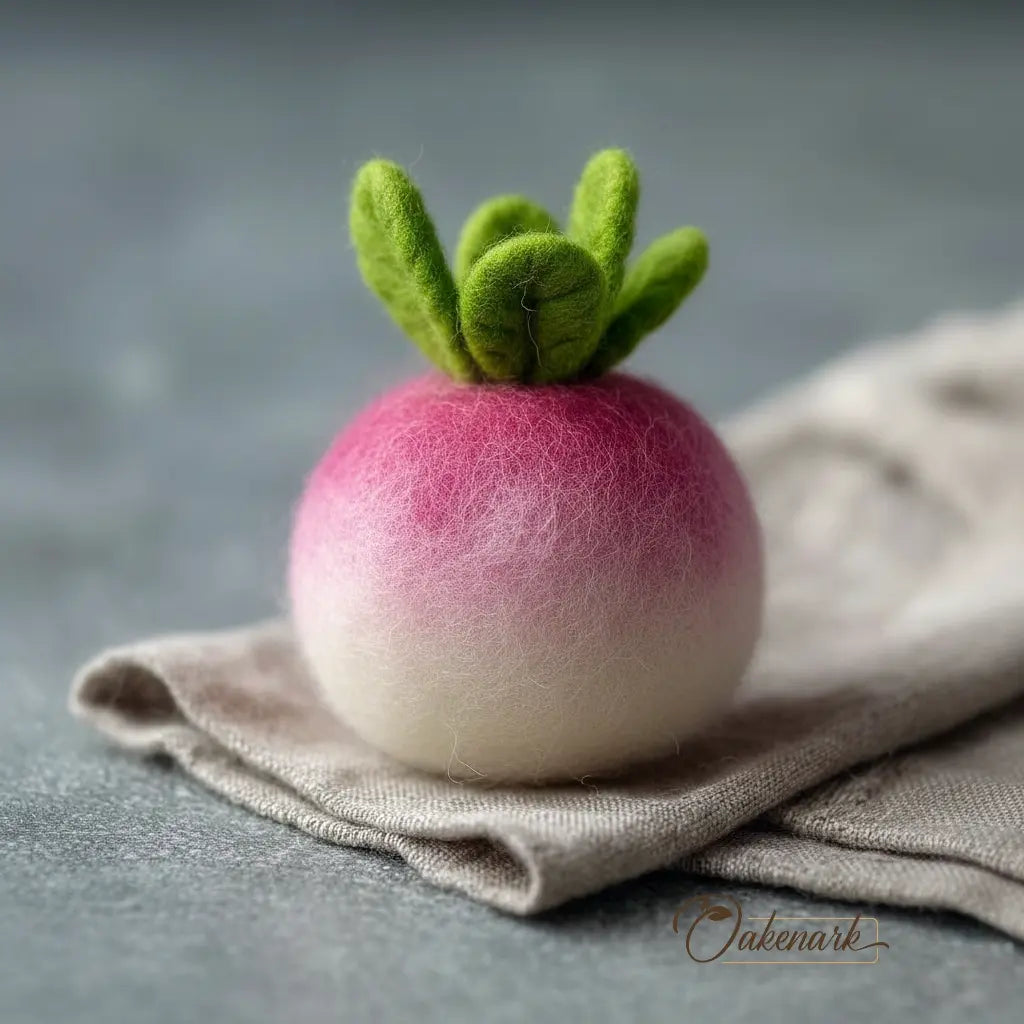 Felted radish with green leaves on a gray surface