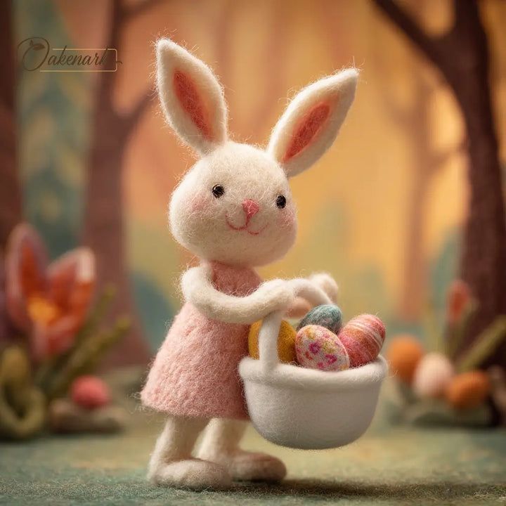 Felt bunny in a pink dress holding a basket of Easter eggs in a springtime setting.