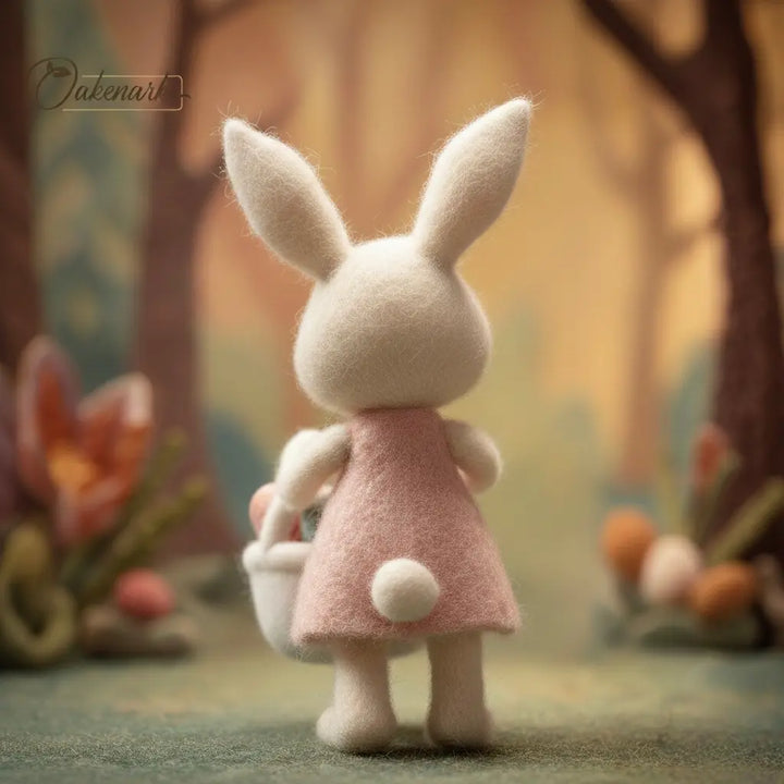 Felt rabbit toy in a pink dress standing in a stylized forest with flowers and trees.