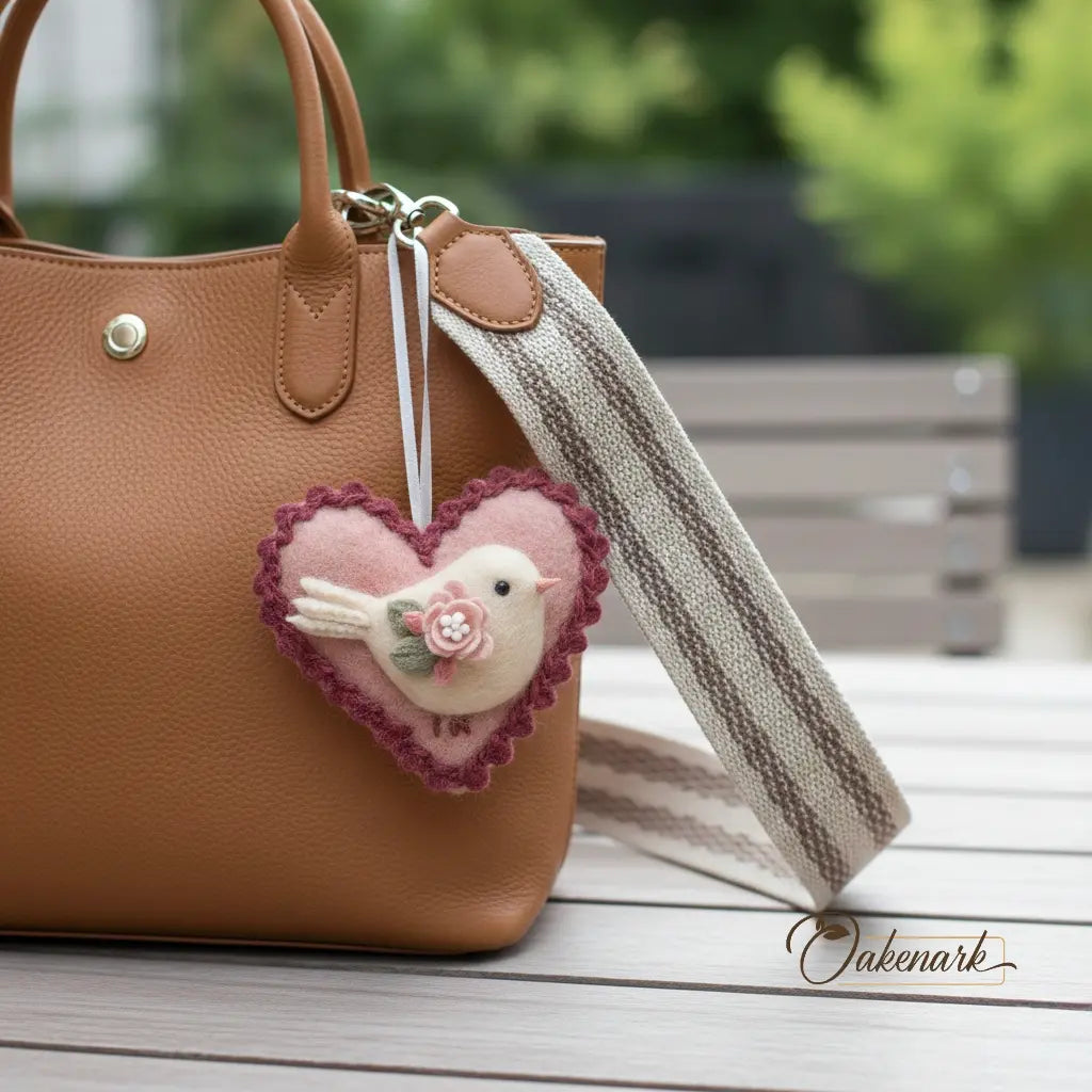 Heart-shaped keychain with a bird design attached to a brown handbag on a wooden surface.
