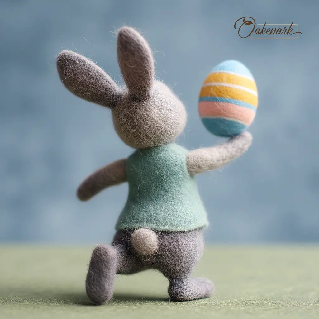 Felted bunny holding a striped Easter egg against a blurred background