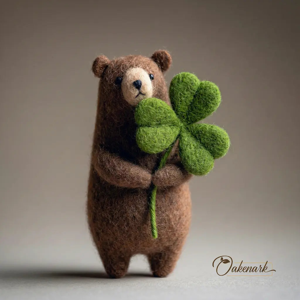 Stuffed bear holding a green four-leaf clover against a neutral background
