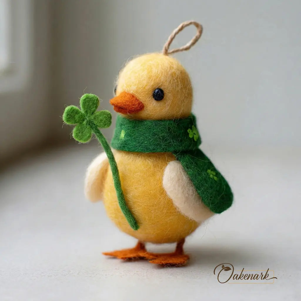 Felted duck ornament with a green scarf and four-leaf clover on a light background