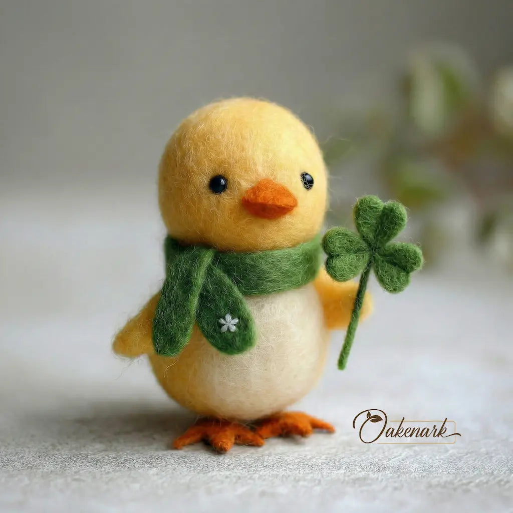 Felted chick toy with a green scarf and four-leaf clover, branded 'Oakenark'.
