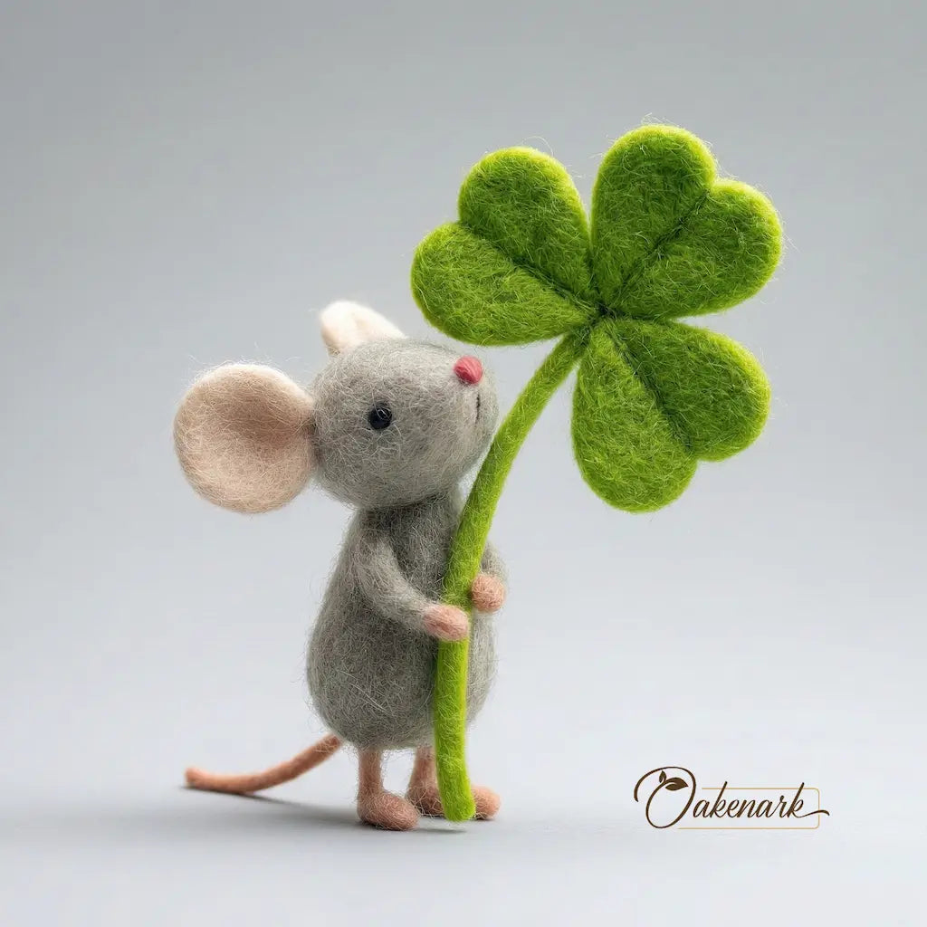 Felt mouse holding a four-leaf clover against a gray background