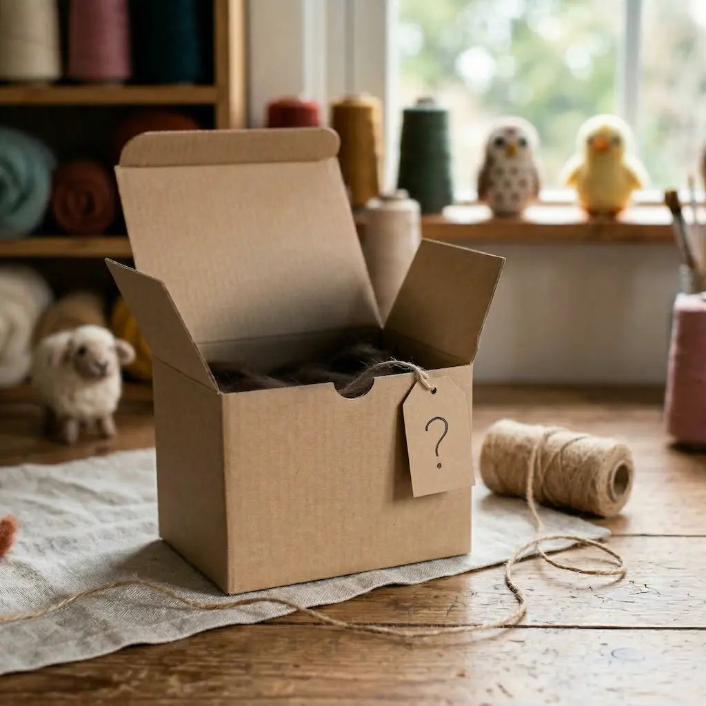 Open cardboard box with a question mark tag on a wooden table, surrounded by yarn and craft materials.
