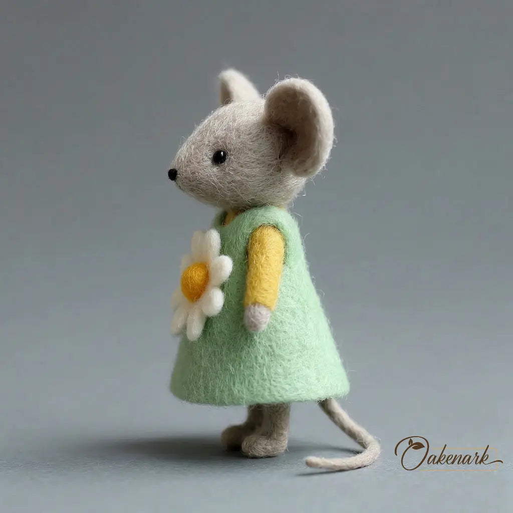 Toy mouse in a green dress holding a flower against a gray background