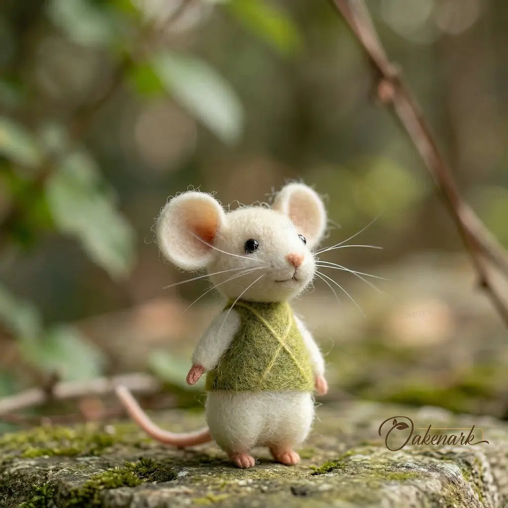 Toy mouse in a green outfit standing on a natural background