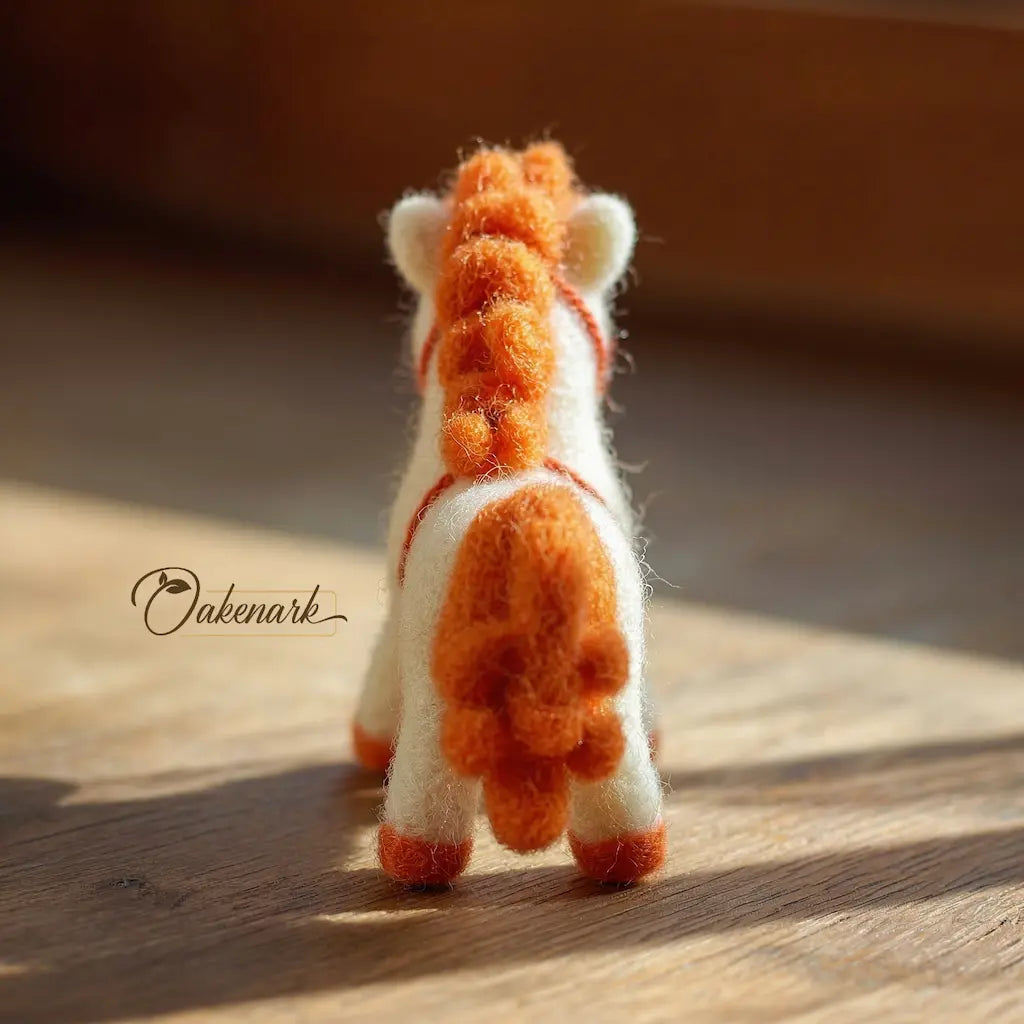 Small orange and white giraffe figurine on a wooden surface with &