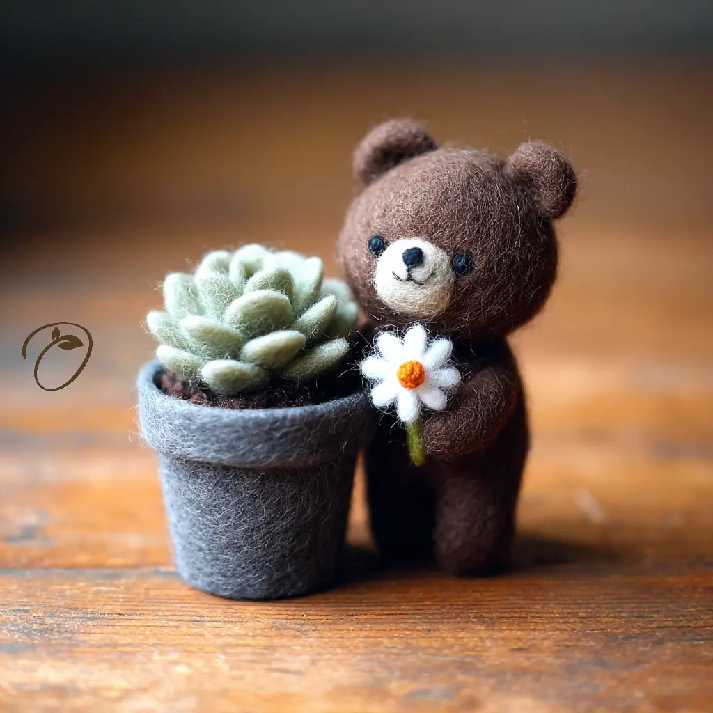 Felted brown bear holding a white flower next to a potted succulent on a wooden surface