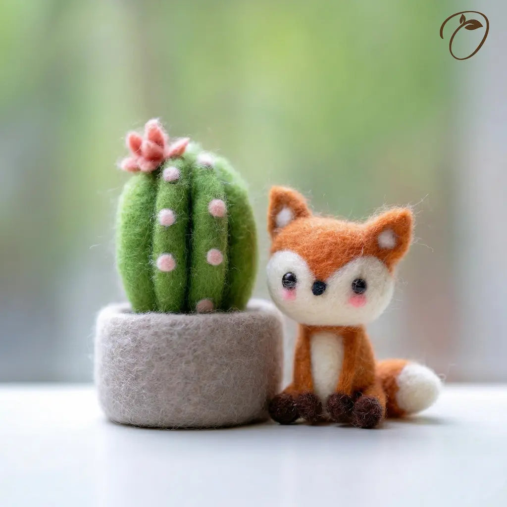 Felted fox toy and cactus plant on a white surface with a blurred green background